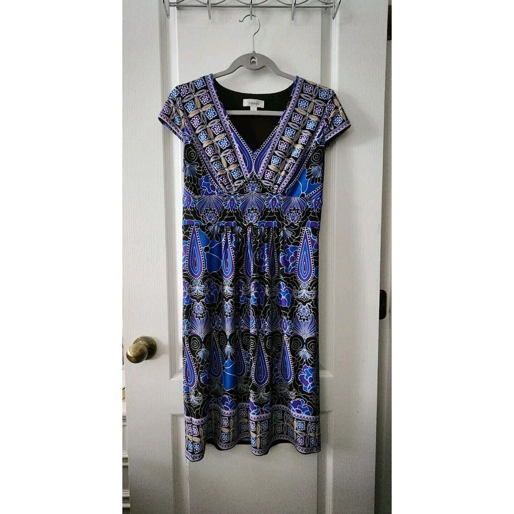Dress Barn Women's V-Neck Cap Sleeve Ornate Print Dress Blue Purple Size 6